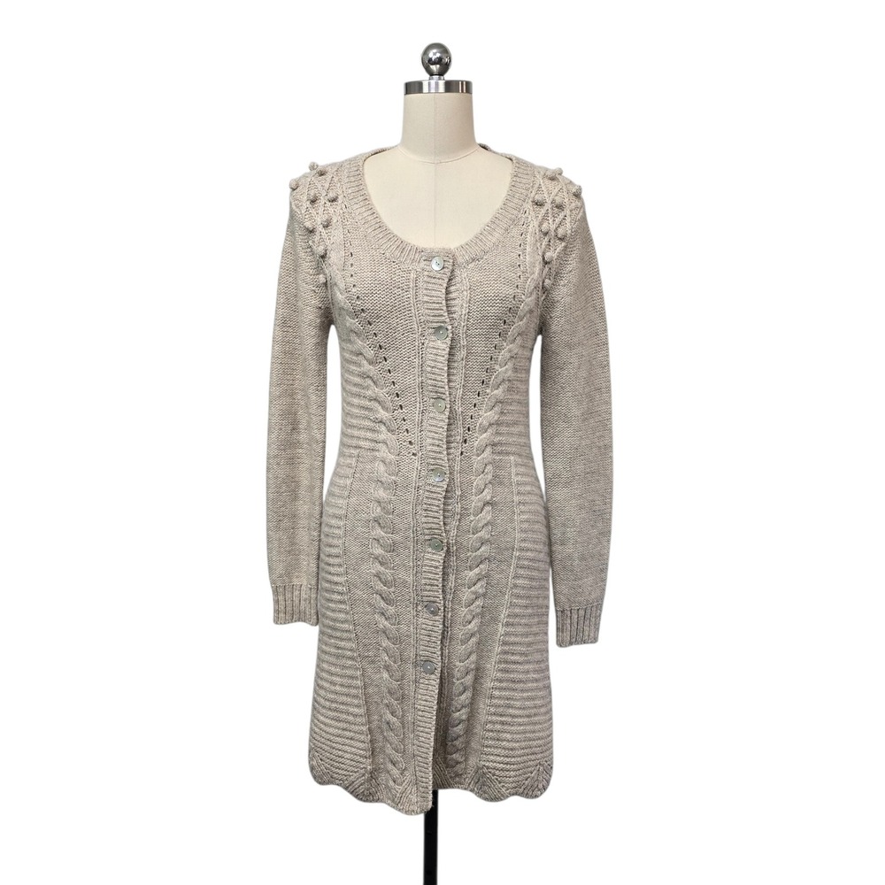 BCBGMAXAZRIA Womens Small‎ Long Cardigan Sweater Beige Alpaca Blend Cable Knit